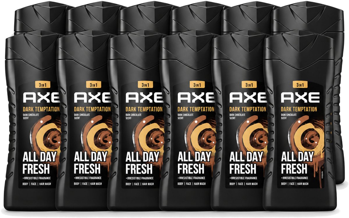 12 x Axe - 3-in-1 Douchegel - Dark Temptation - Dark Chocolate - 12hrs Long Lasting Scent - 250 ml - Voordeelverpakking - 12 stuks