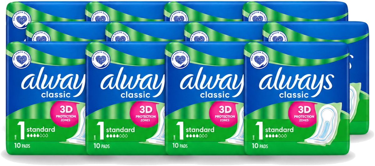 12 x Always Classic - Maandverband - Standaard - 3D Bescherming - 10 Maandverbandjes - Voordeelverpakking - 12 stuks