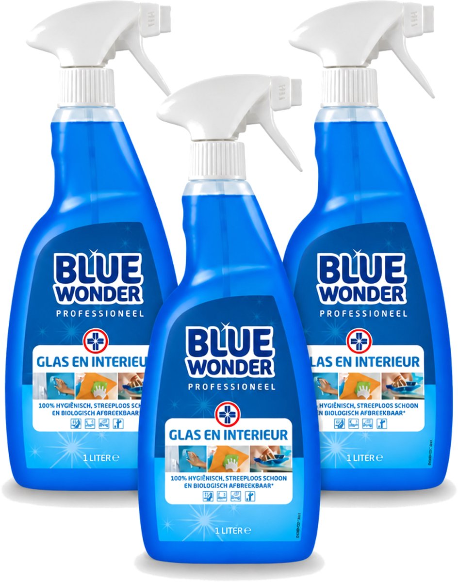 3 x Blue Wonder - Professionele Glas & Interieur Spray - Streeploos Schoon - 1 Liter - Voordeelverpakking - 3 stuks