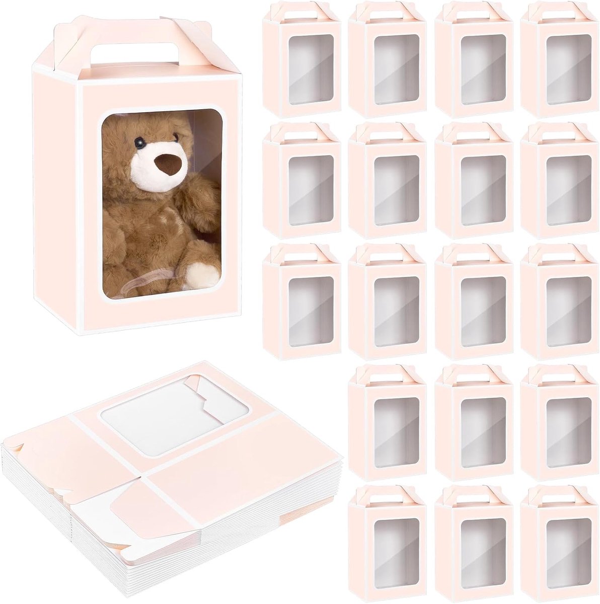 TWINKLEMON 24 stuks roze geschenkzakjes met doorzichtig venster, papieren geschenkdozen met handgrepen, snoepdozen - ShopVlot