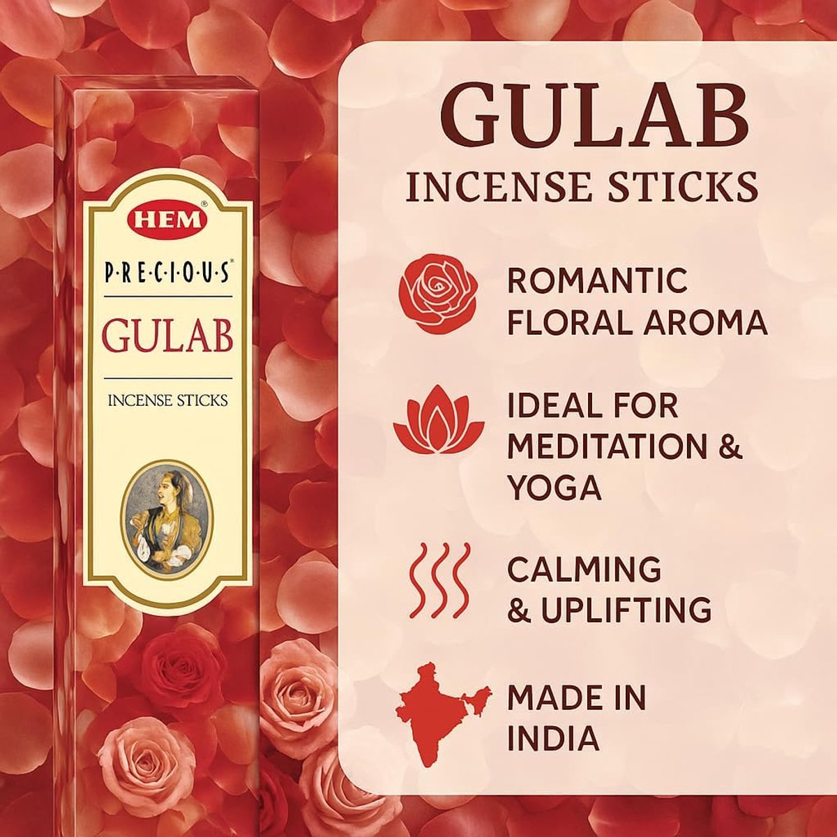 HEM Precious Gulab Incense Sticks - 6 Pieces (20 Sticks each) with JRose Incense Burner, Handmade Rose Fragrance for - ShopVlot