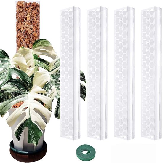Kunststof mosstok – 4-delige set + klittenband – Klimplantsteun – Stapelbare steun voor kamerplanten –43cm plantenstokken voor klimkunststoffen-stapelbare plantenstokken voor kamerplanten-klimmen-klimplanten- met haak en lus sluiting