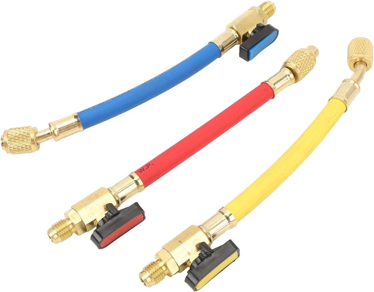 Vulslangset HVAC 1/2 inch - Korte slangen met kogelkraan - Kleurgecodeerd - Geschikt voor onderhoud airconditioning - Luxento