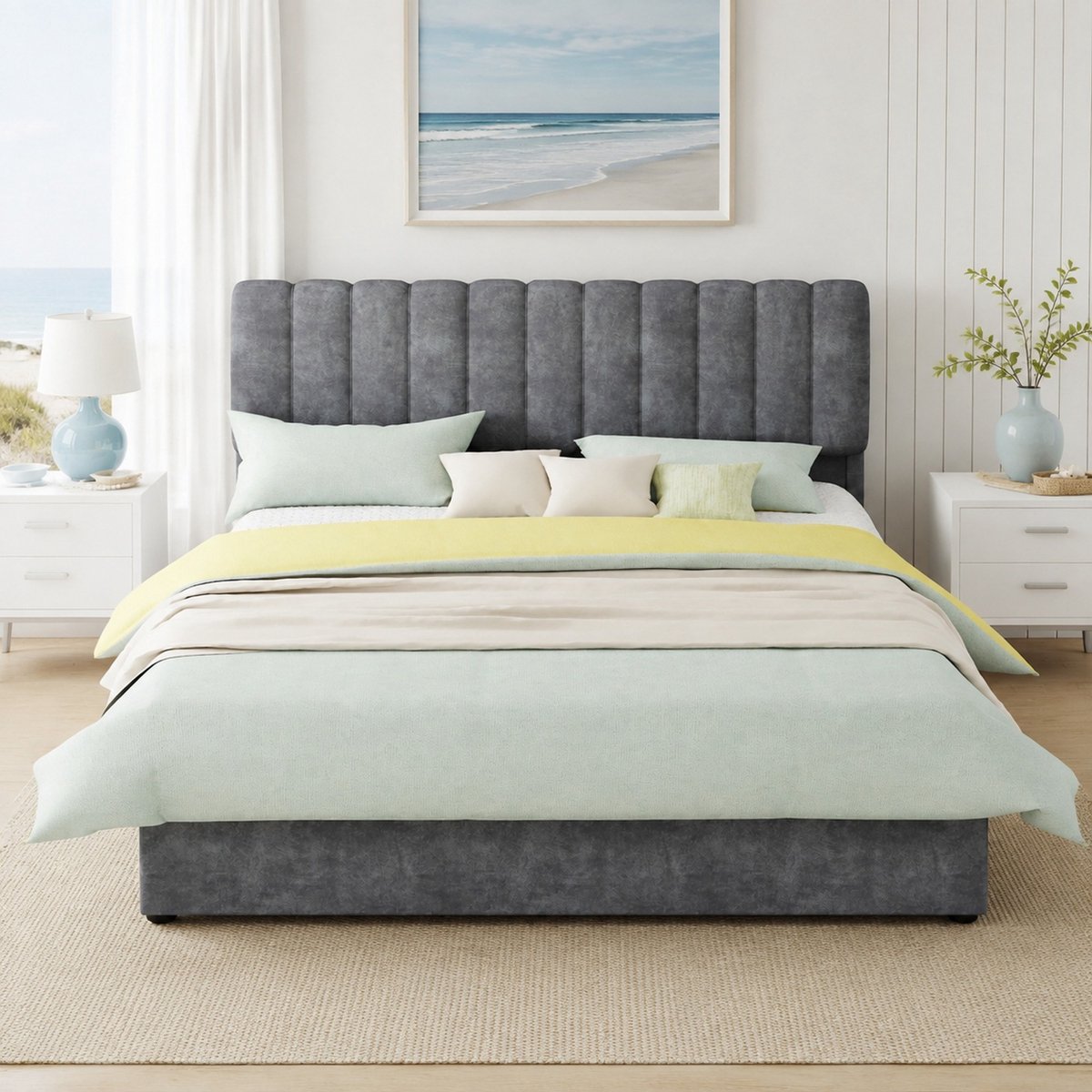 WUVRIE Gestoffeerd opbergbed 160x200 cm met gaslift, lattenbodem en hoog hoofdbord, grijs