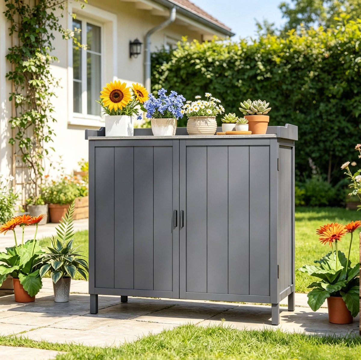 Modenuit Tuinopbergkast – 98 x 48 x 95,5 cm – Hout en Metaal – Grijs – Met Werkblad en Dubbele Deuren