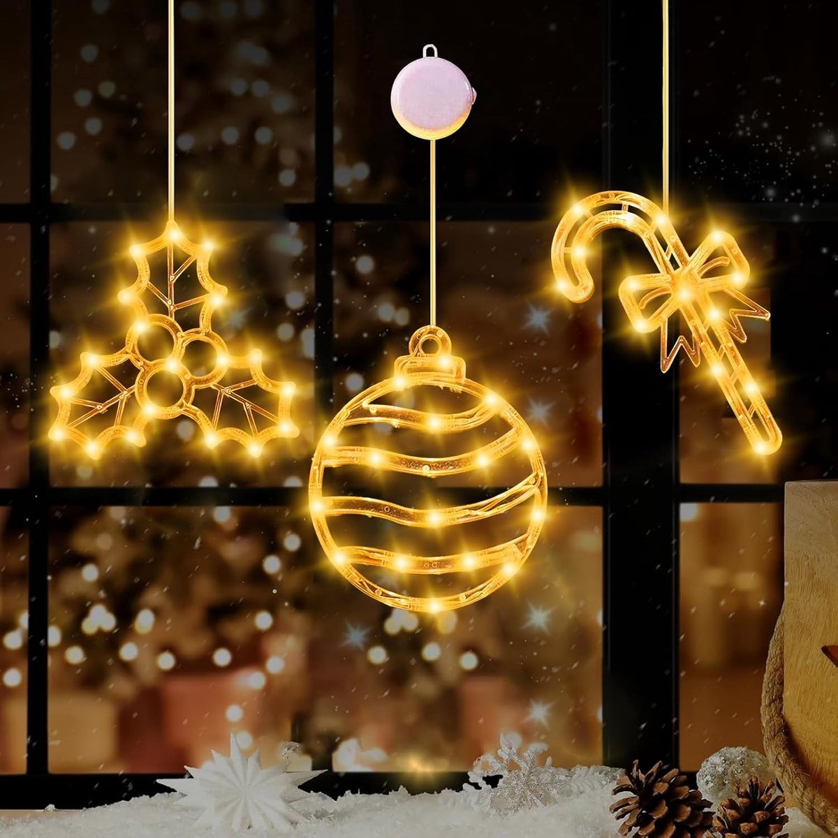 Kerstverlichting met zuignap, 3 stuks LED lampen, hanglampen voor ramen, sfeervolle kerstdecoratie voor binnen en buiten, ideaal voor feestdagen