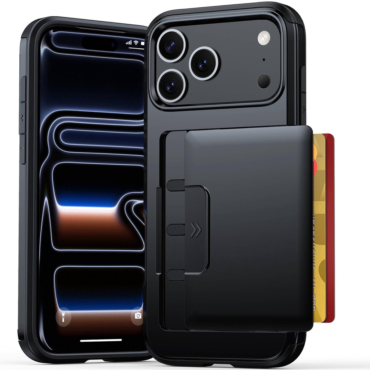 Shockproof Hoesje voor de iPhone 18 Pro Max met Uitschuifbare Kaarthouder - Zwart