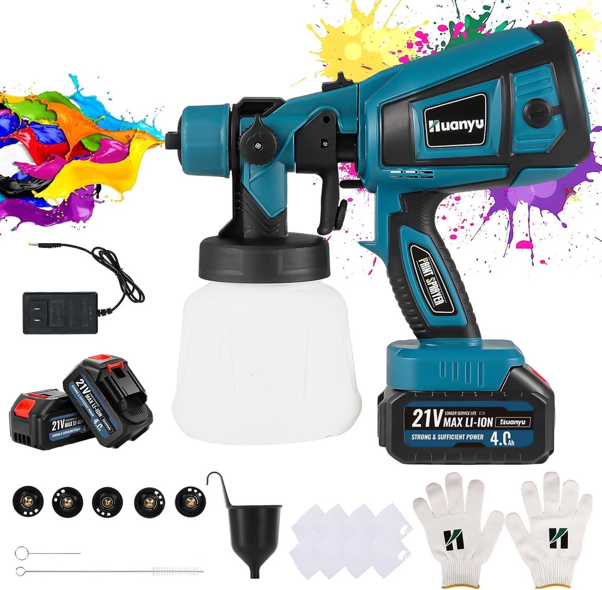 Huanyu Cordless Paint Sprayer with 2 x 21 V 4.0 Ah Batteries and 5 Nozzles, Powerful 900 ml Paint Spray Gun with 3 - ShopVlot