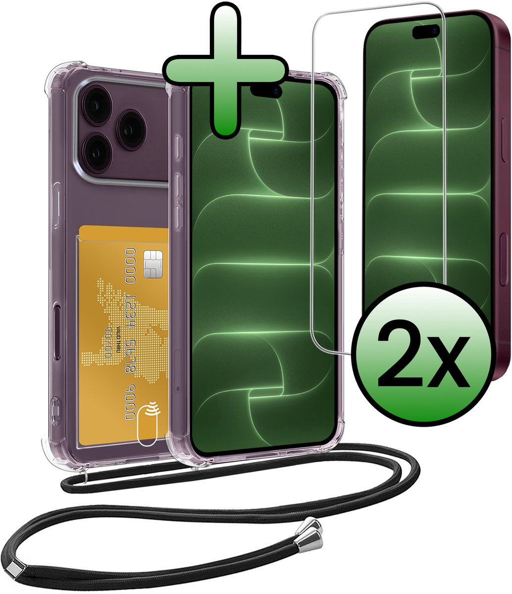 Hoes Geschikt voor iPhone 18 Pro Max Hoesje Pas Houder Shock Proof Case Hoes Met Koord Met 2x Screenprotector - Hoesje Geschikt voor iPhone 18 Pro Max Hoes Met Telefoonkoord Pasjeshouder Cover - Transparant