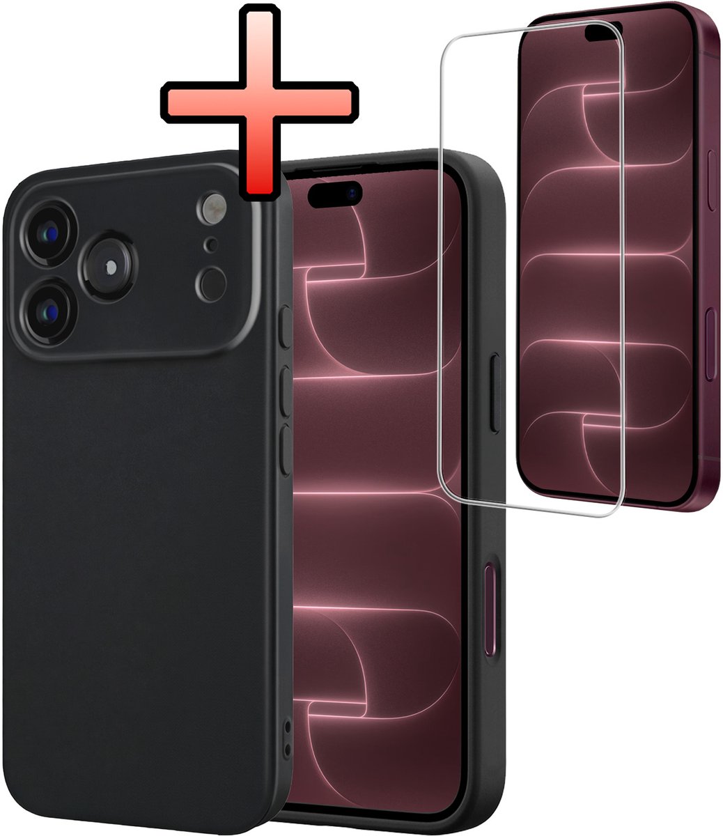 Hoesje - Met Screenprotector - Geschikt voor Apple iPhone 18 Pro - Sterk & Shockproof - Back Cover - Siliconen Case - Telefoon Hoes - Zwart