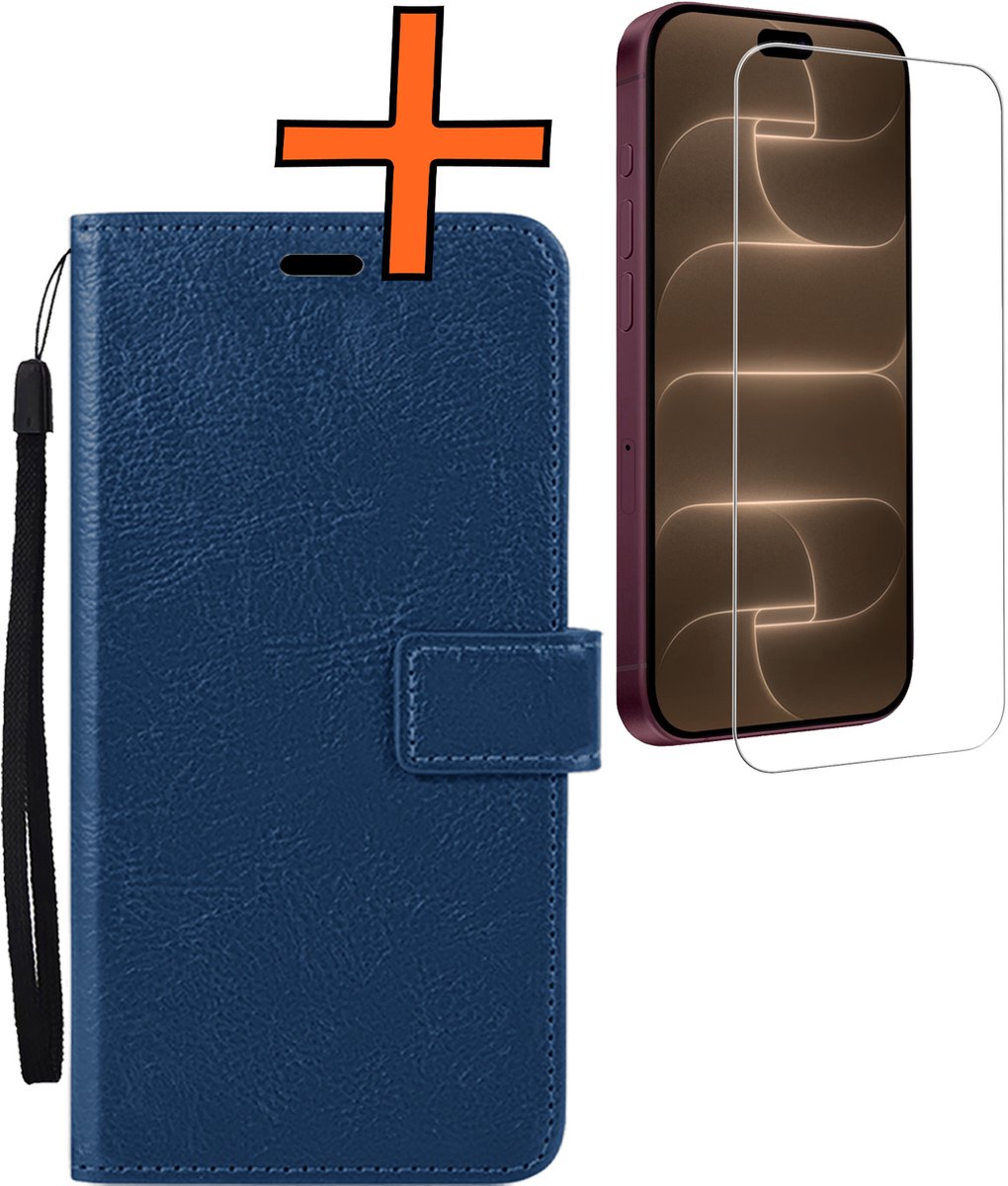 Hoes - Met Screenprotector - Geschikt voor Apple iPhone 18 Pro - Luxe Pasjeshouder - Bookcase Portemonee - Flip Case - Kunstleer Book Case - Flipcase - Book Cover - Walletcase - PortemonneeHoes - Donkerblauw