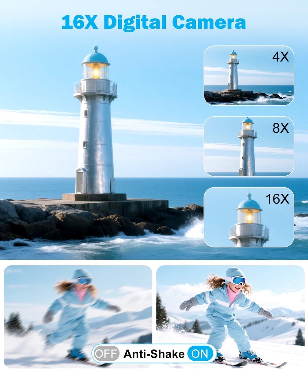 Digitale camera - Autofocus 4K Vlogging-camera voor fotografie met anti-shake, 50MP compacte point-and-shoot digitale camera voor kinderen met 16x zoom, 1 batterij, 32GB kaart (zwart) thumbnail 5