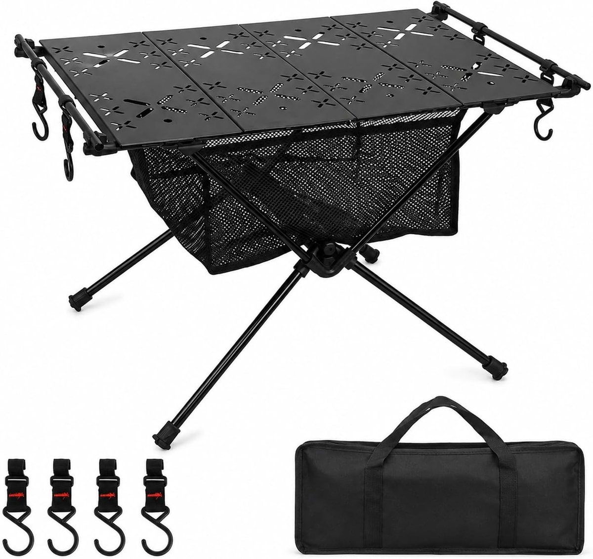 Vouwbare Campingtafel met Aluminium Bovenkant en Net Shelf, Ultralicht en Ideaal voor Picknick, Vissen en Buitenkeuken, 59 x 40 x 15 cm (Zwart)