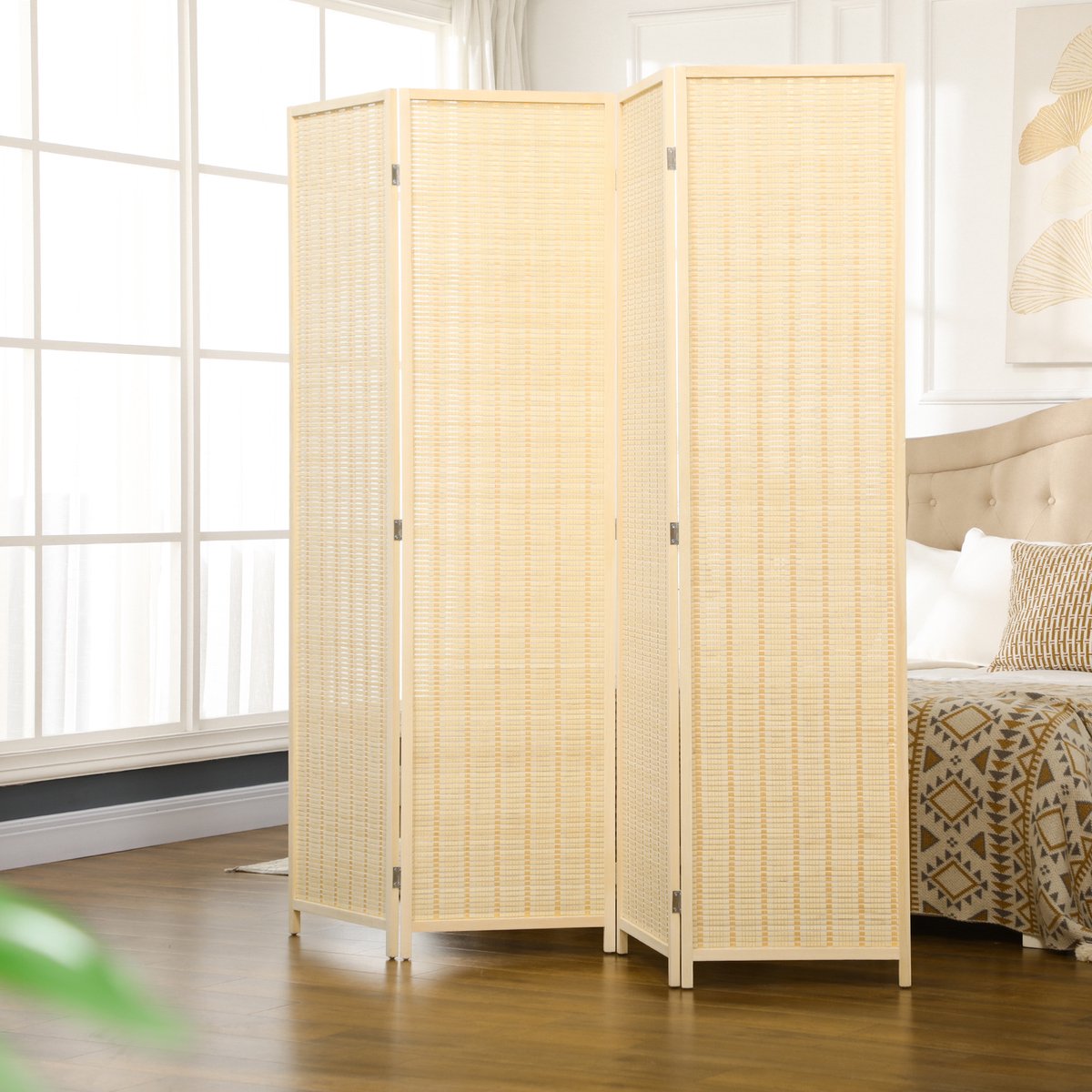 OKWISH Kamerscherm Opvouwbaar – 4-Delig – 180 x 180 cm – Bamboe en Hout – Natuurkleur – Ruimteverdeler met Metalen Scharnieren Naturel