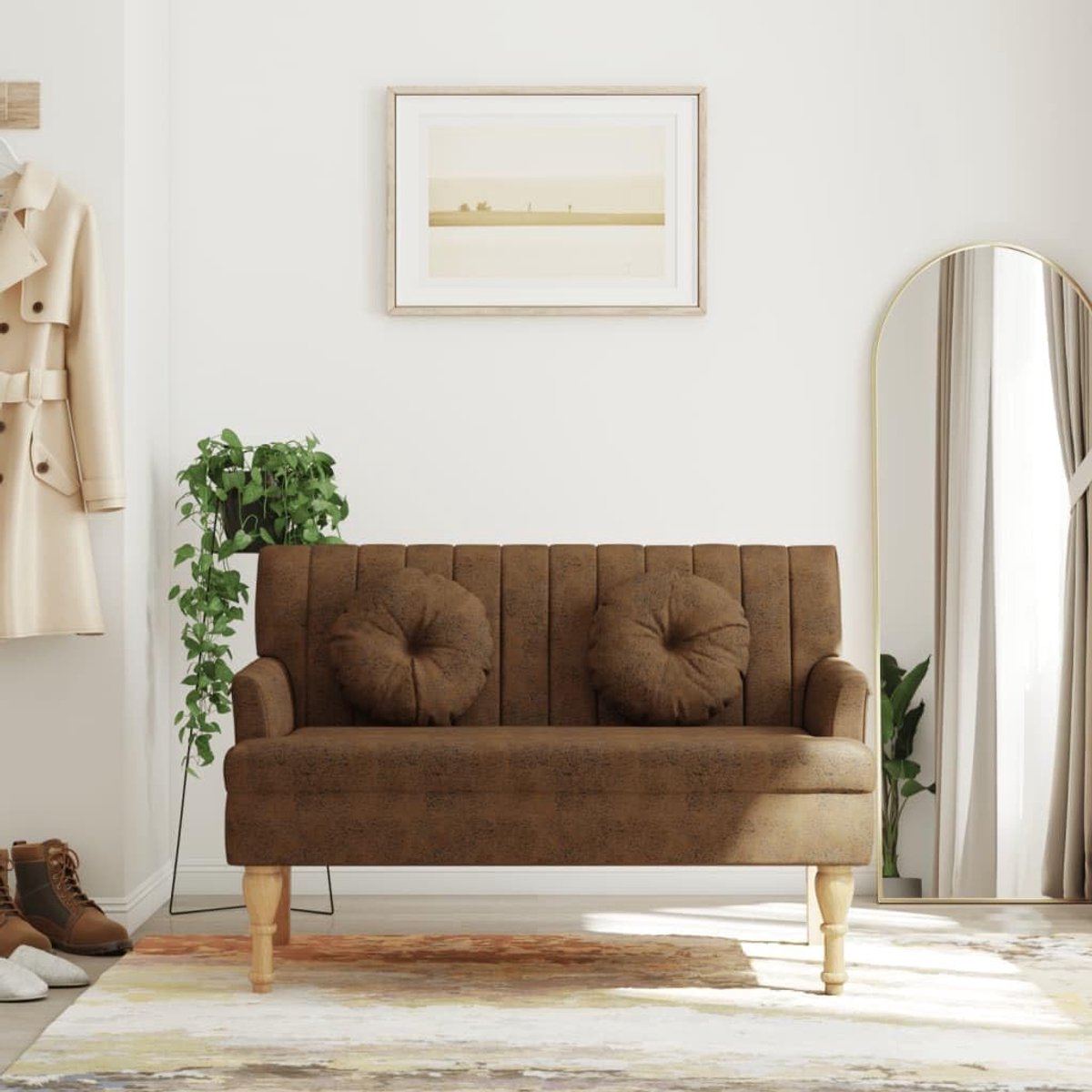 Zitbank met gestoffeerde kussens in bruin, 113 x 64,5 x 75,5 cm, suède-look, comfortabele zitbank met massief houten poten en stabiel frame, voor woonkamer en kantoor