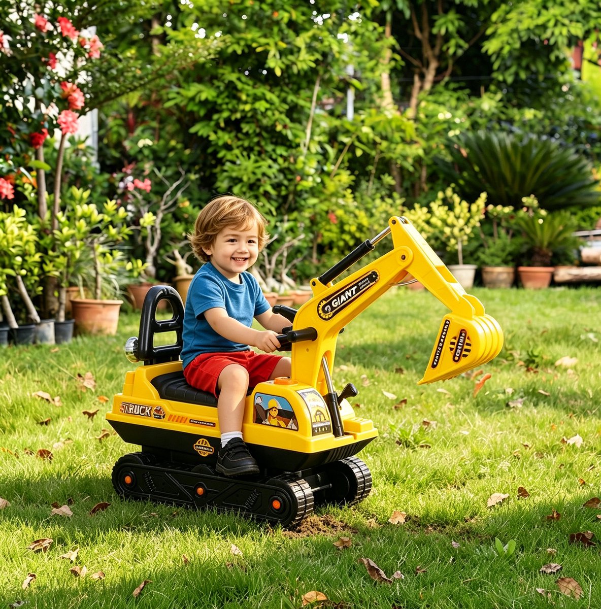 Loopvoertuig voor kinderen (zwaai-auto/loopauto) in graafmachine-stijl geschikt voor kinderen van 12 tot 48 maanden maximaal draagvermogen 70 kg geel 51 x 31 cm