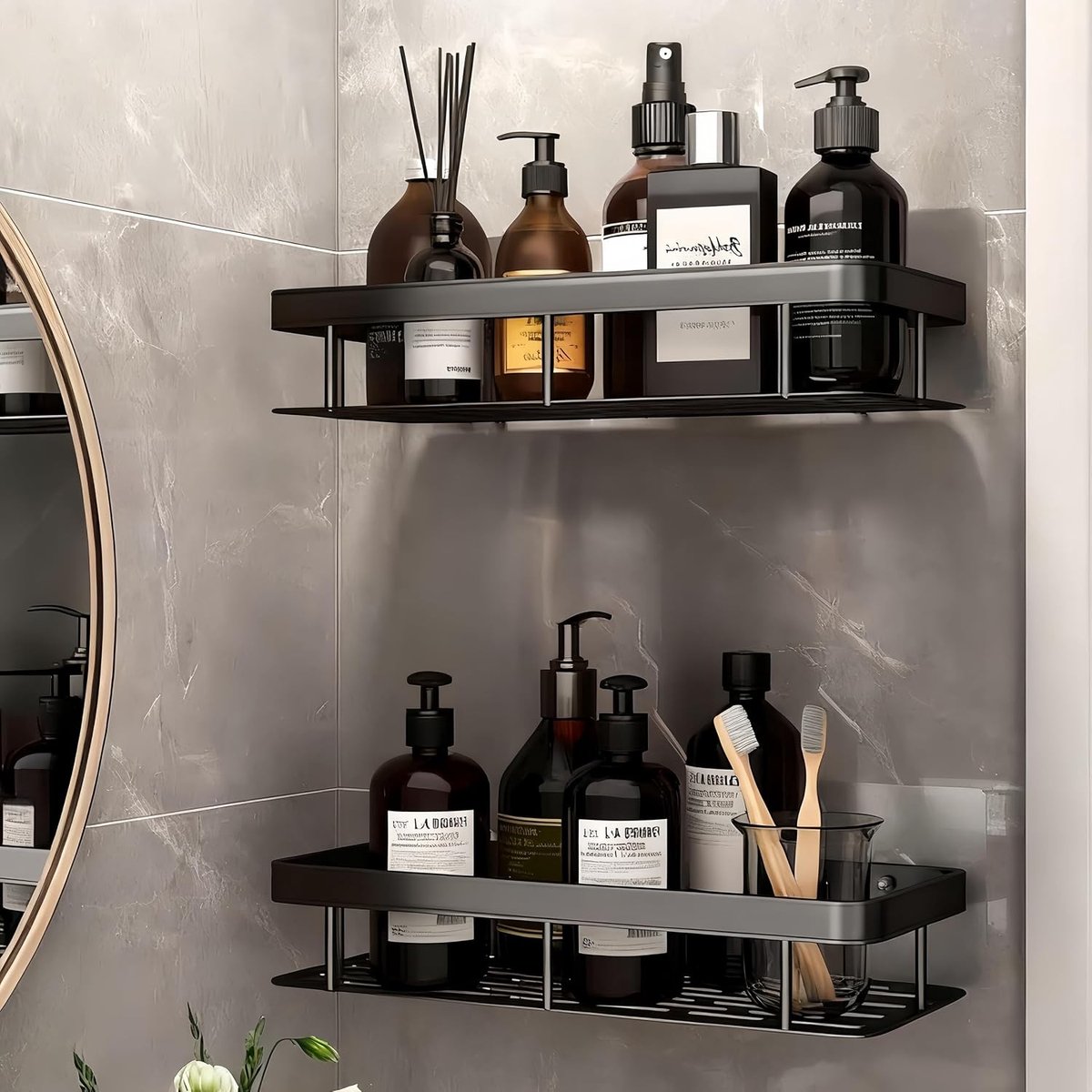 Dubbele Laags Douchezeep Houder, Wandmontage Organizer voor Badkamer, Ruimtebesparende Opbergmand voor Spons en Zeep, Zwart Aluminium zonder Boren