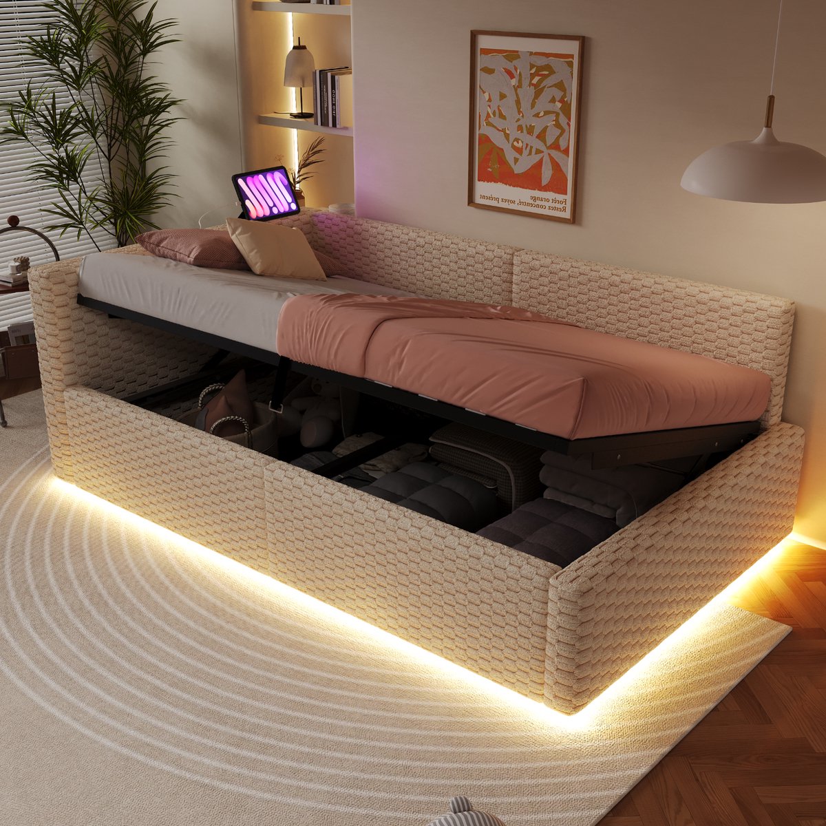 AURA LUMEN Gestoffeerd bed Eenpersoonsbed 90 x 200 cm met hydraulisch opbergbed LED-verlichting USB en Type-C aansluitingen L-vormige zachte rugleuning beige