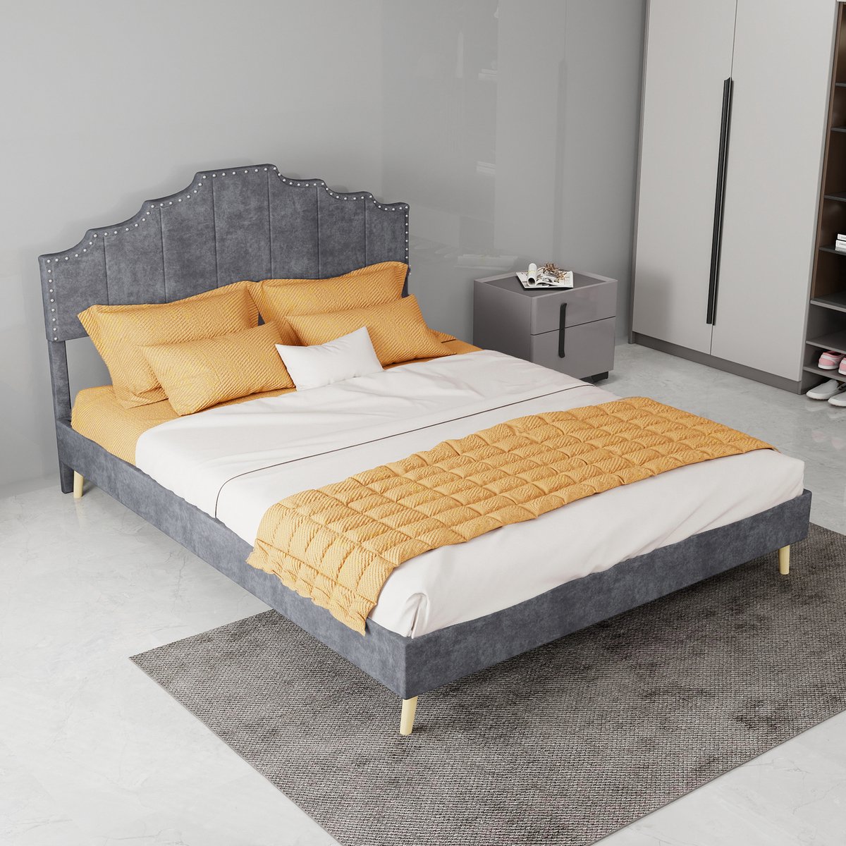 AURA LUMEN-Gestoffeerd bed-Twijfelaarbed-140x200 cm-Zacht hoofdbord-Geometrisch design-Grijs