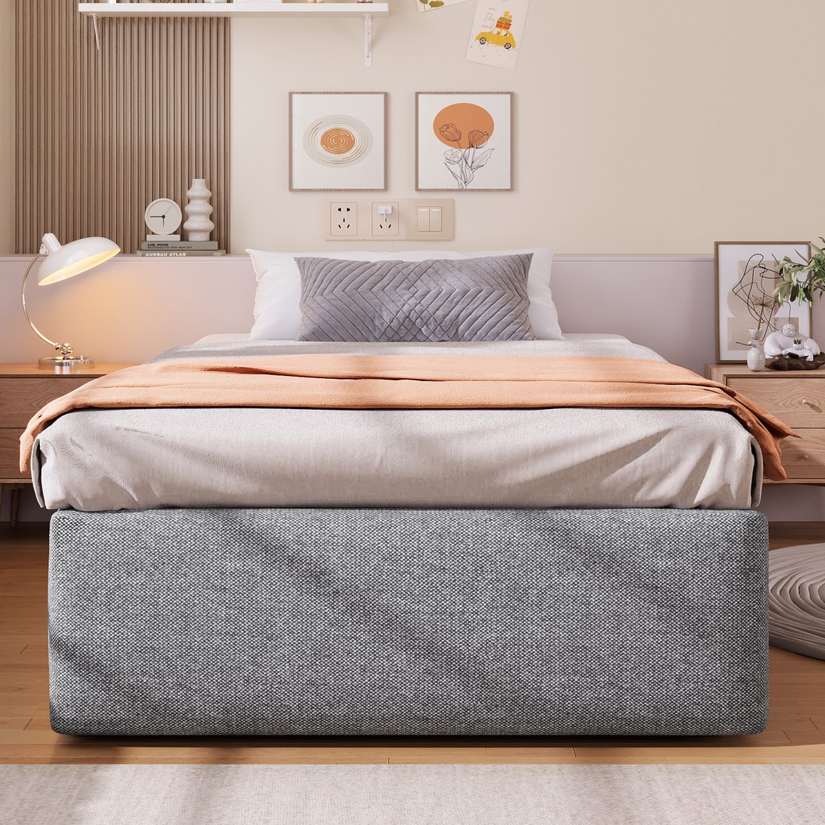 AURA LUMEN Gestoffeerd bed-Eenpersoonsbed-90 x 200 cm-Hydraulisch bed-Bed met lades-Grijs