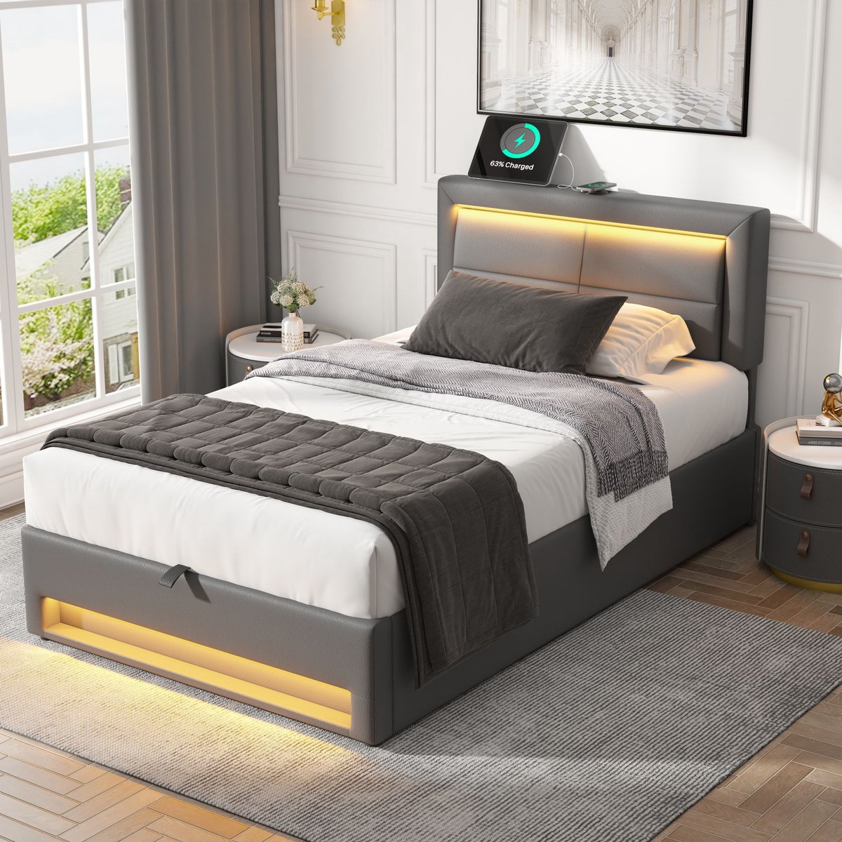 AURA LUMEN-Gestoffeerd bed-Eenpersoonsbed-90 x 200 cm-Bed met LED en USB-Bed met opbergruimte-Grijs