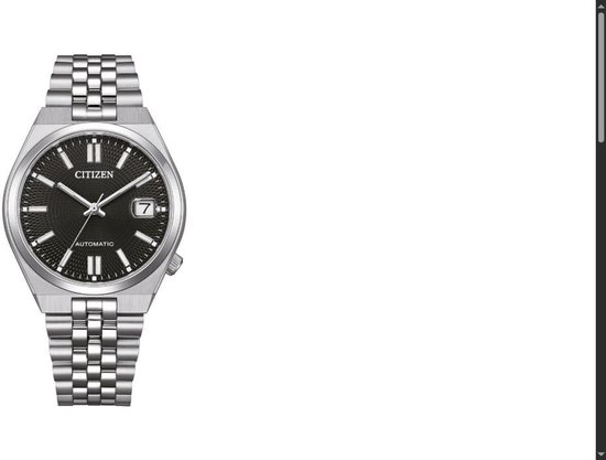 Zilverkleurig Citizen horloge met een zwarte wijzerplaat. Het horloge heeft een datumvenster en een automatische aandrijving.