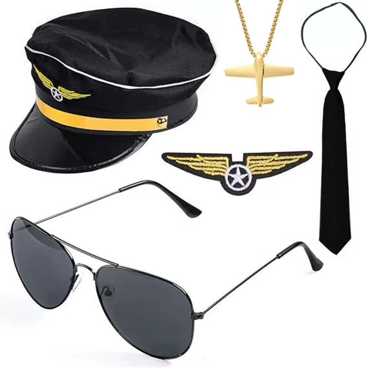 Kostuum voor Piloot met Vleugelbadge, Aviator Bril, Stropdas en Schouderbadge voor Cosplay en Themafeesten