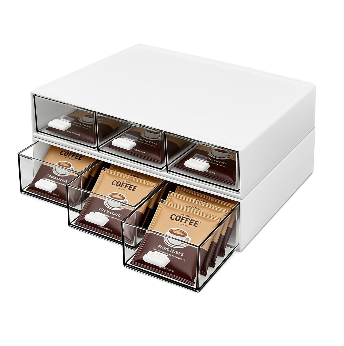 Organizer voor thee en koffie - Wit - 21 x 14 x 5,8 cm - Plastic met Lades - Voor Thuis en Kantoor