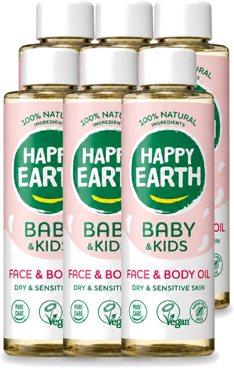 6 x Happy Earth – Face & Body Oil – 100% Natuurlijk Baby & Kids – 150 ml - Voordeelverpakking - 6 stuks