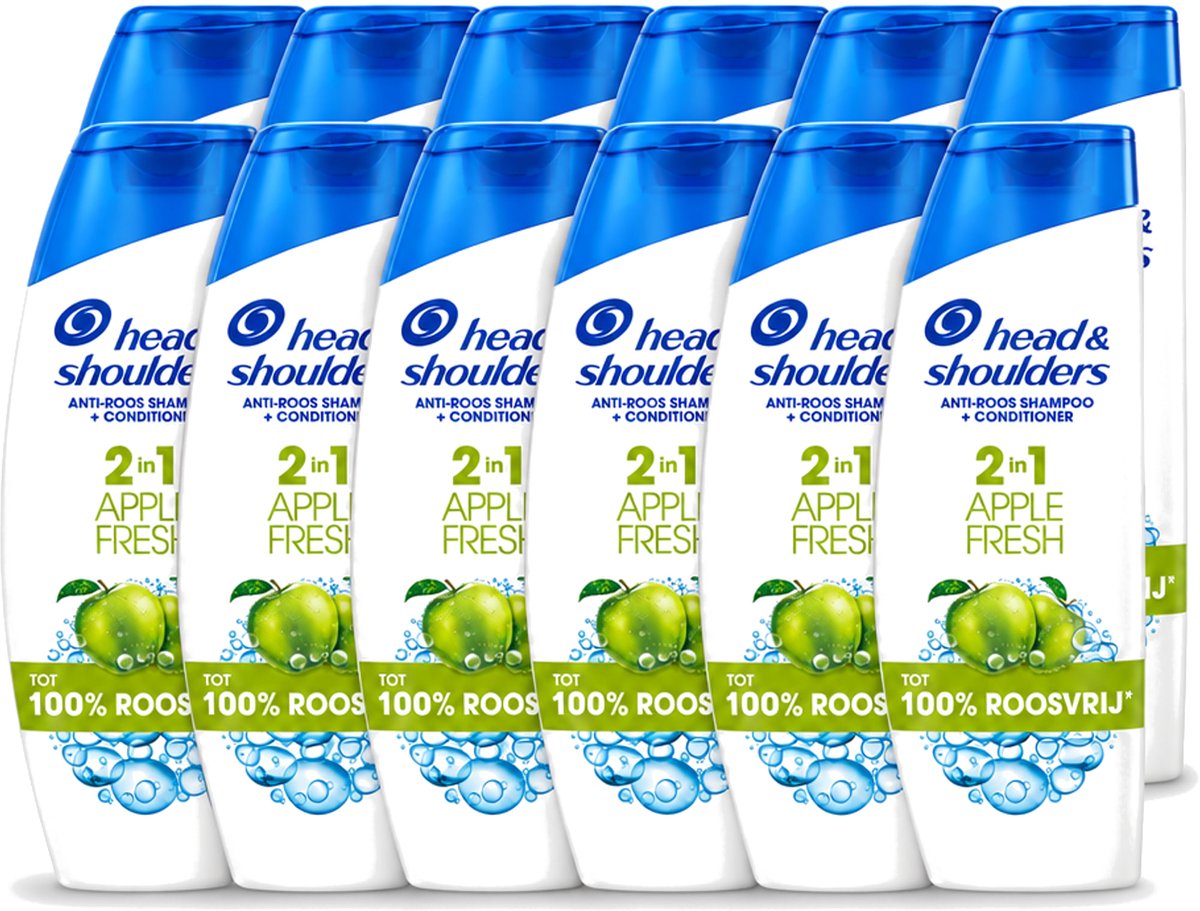 12 x Head & Shoulders - Shampoo - 2-in-1 - Apple Fresh - 100% Roosvrij - 300 ml - Voordeelverpakking - 12 stuks