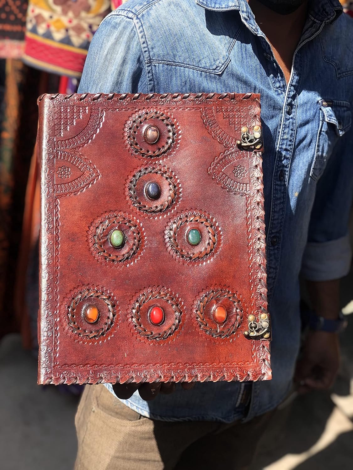 American blue Leather Journal Book Seven Chakra Medieval Stone Embossed Handmade Book of Shadows Notebook Office Diary - ShopVlot