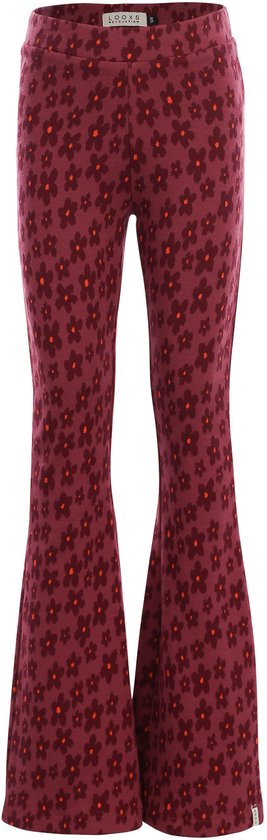 Donkerroze uitlopende broek met een herhalend bloemenpatroon en een LOOXS Revolution taillelabel.