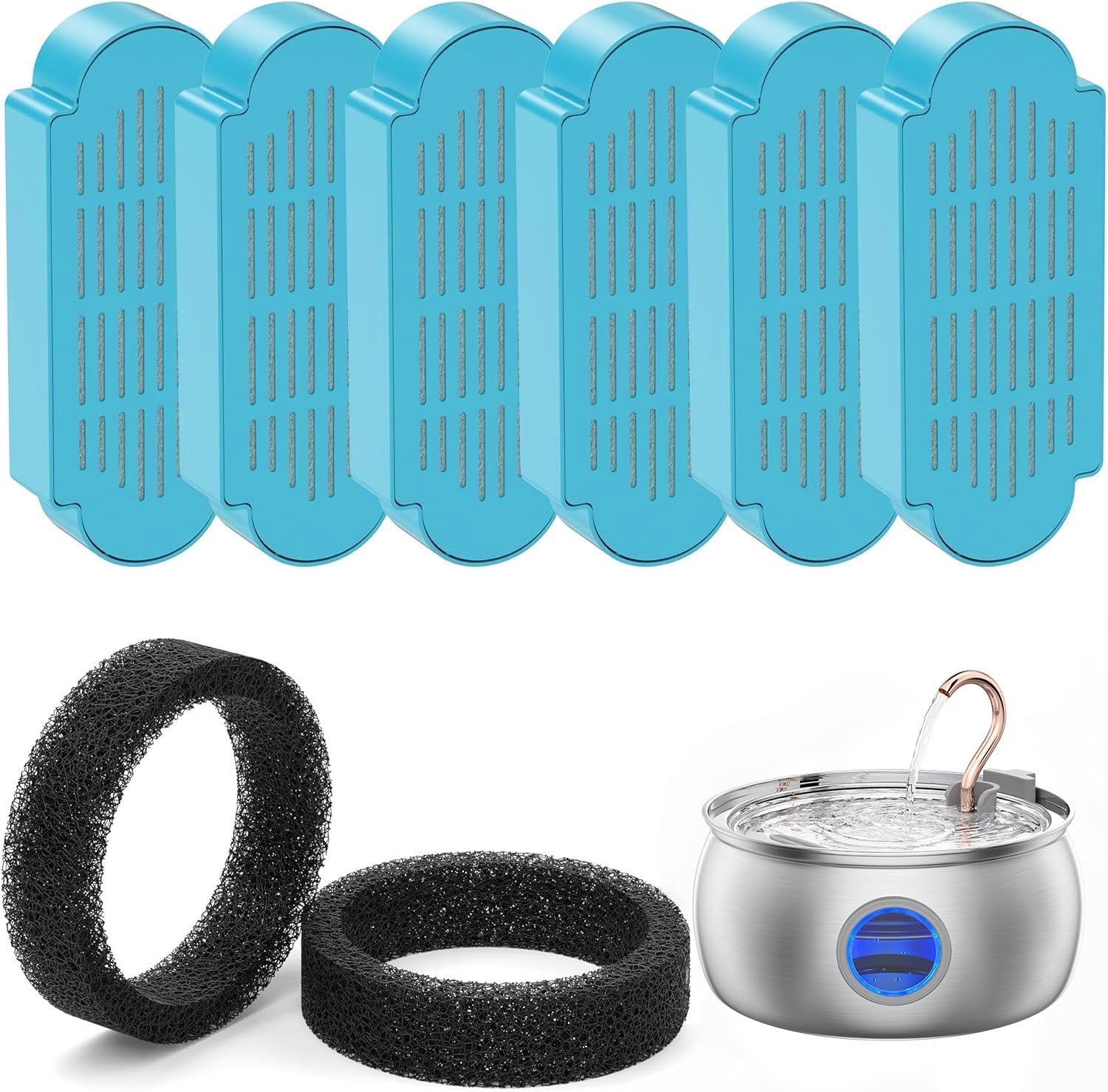 Vervangingsfilter kattenfontein - 6 filters & 2 schuimringen - 4-fase filtratie - helder water voor uw kat - ShopVlot