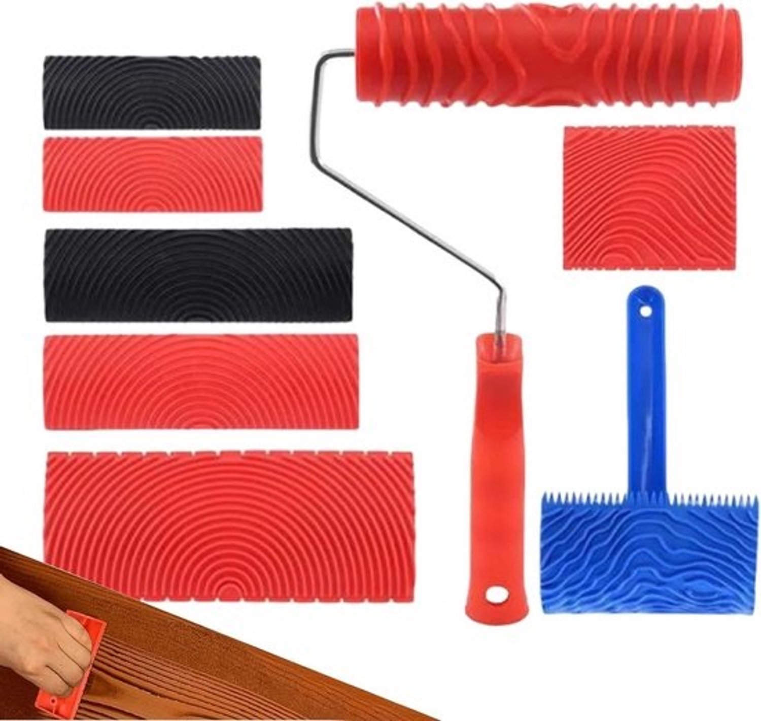 Houtnerfgereedschap Set - Textuurroller Hout - Muren en Meubels Verfraaien - Creëert Realistische Houtstructuur - 8 Delig - Rood