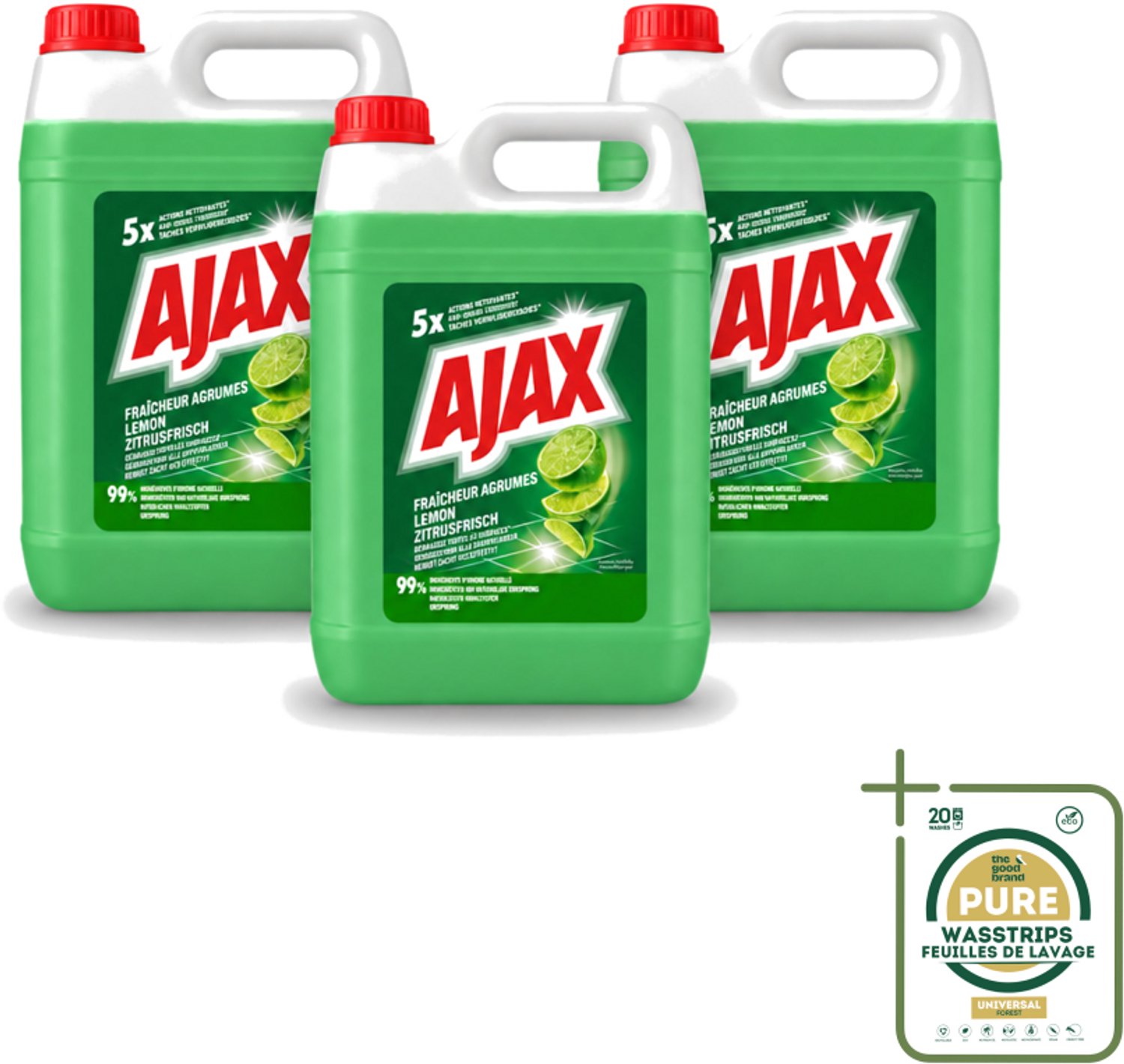 3 x Ajax – Allesreiniger – Limoen – 5000 ml - Wasstrips - Allesreiniger Limoen - Krachtige Reiniger - Vet Verwijderen - Frisse Geur - Biologisch Afbreekbaar