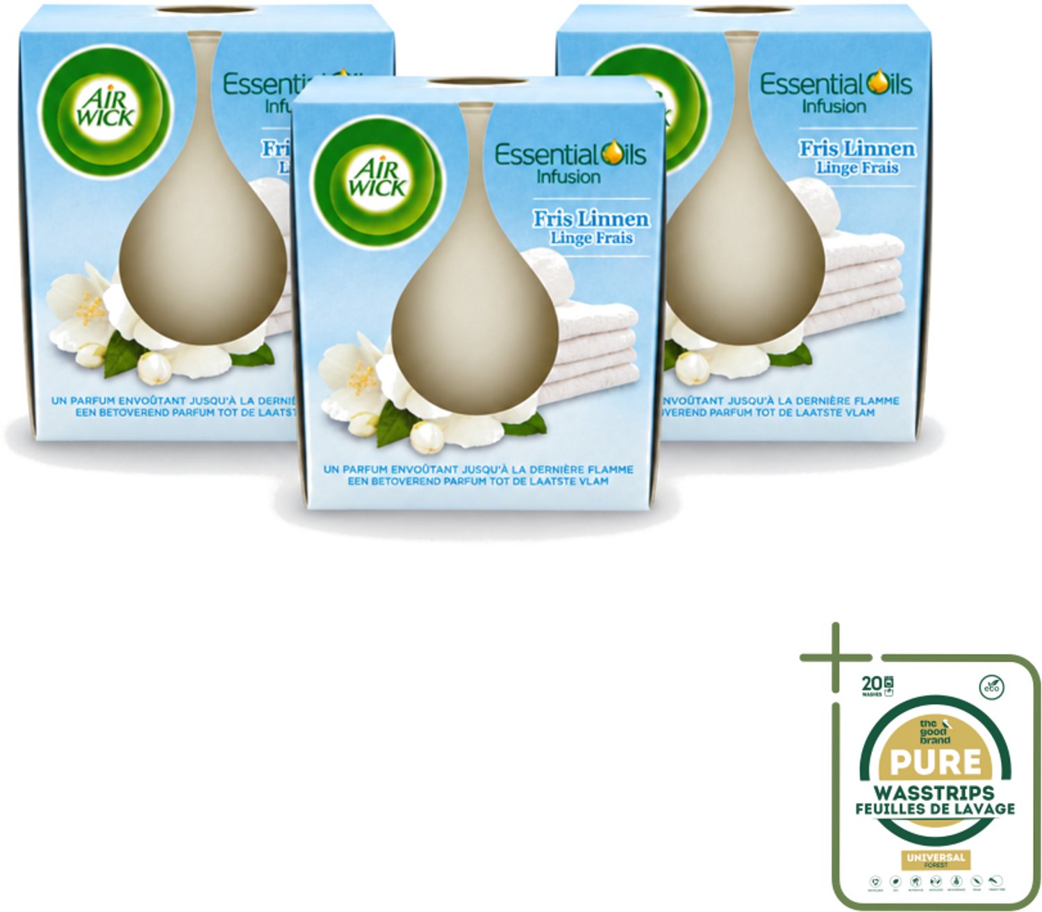 Air Wick 3 x Air Wick – Geurkaars – Fris Linnen met Essentiële Oliën – 105 g - Wasstrips - Geurkaars - Fris Linnen - Essentiële Oliën - Sfeer In Huis - Warme Sfeer Wit