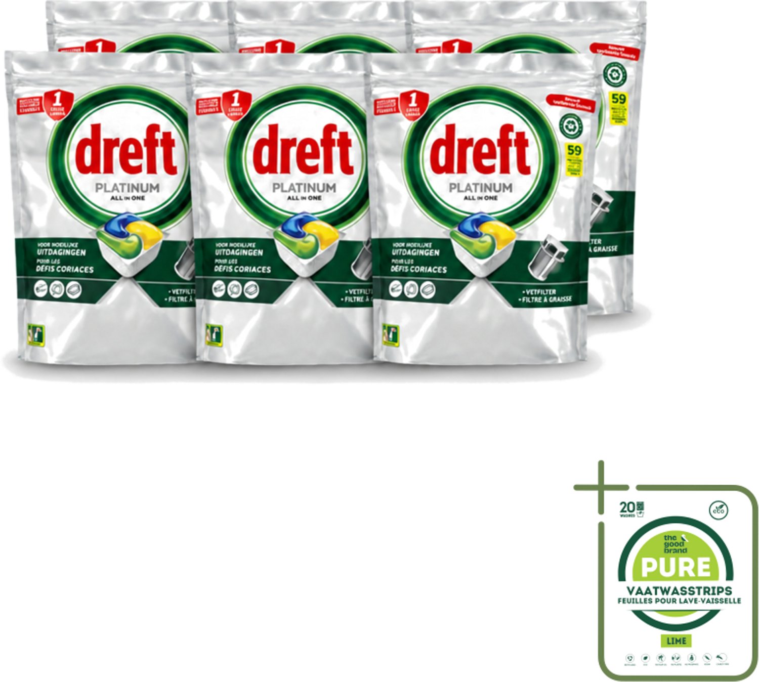 6 x Dreft – Vaatwastabletten – All-in-One Platinum – Lemon – 59 Tabletten - Grootverpakking - Vaatwastabletten - Vaatwasser - Vetverwijderen - Glasbescherming - Citroengeur
