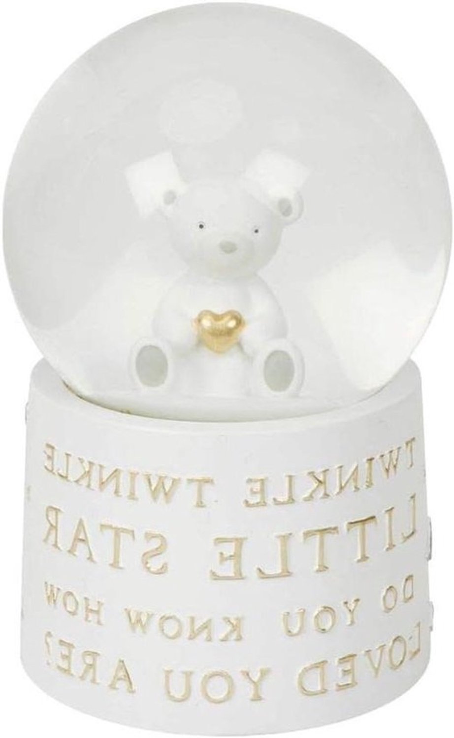 Baby Muzikale Sneeuwbol - Nursery Bol Beer - Babykamer Decoratie - Met Gouden Hart - 15 cm - Wit Goud Zilver