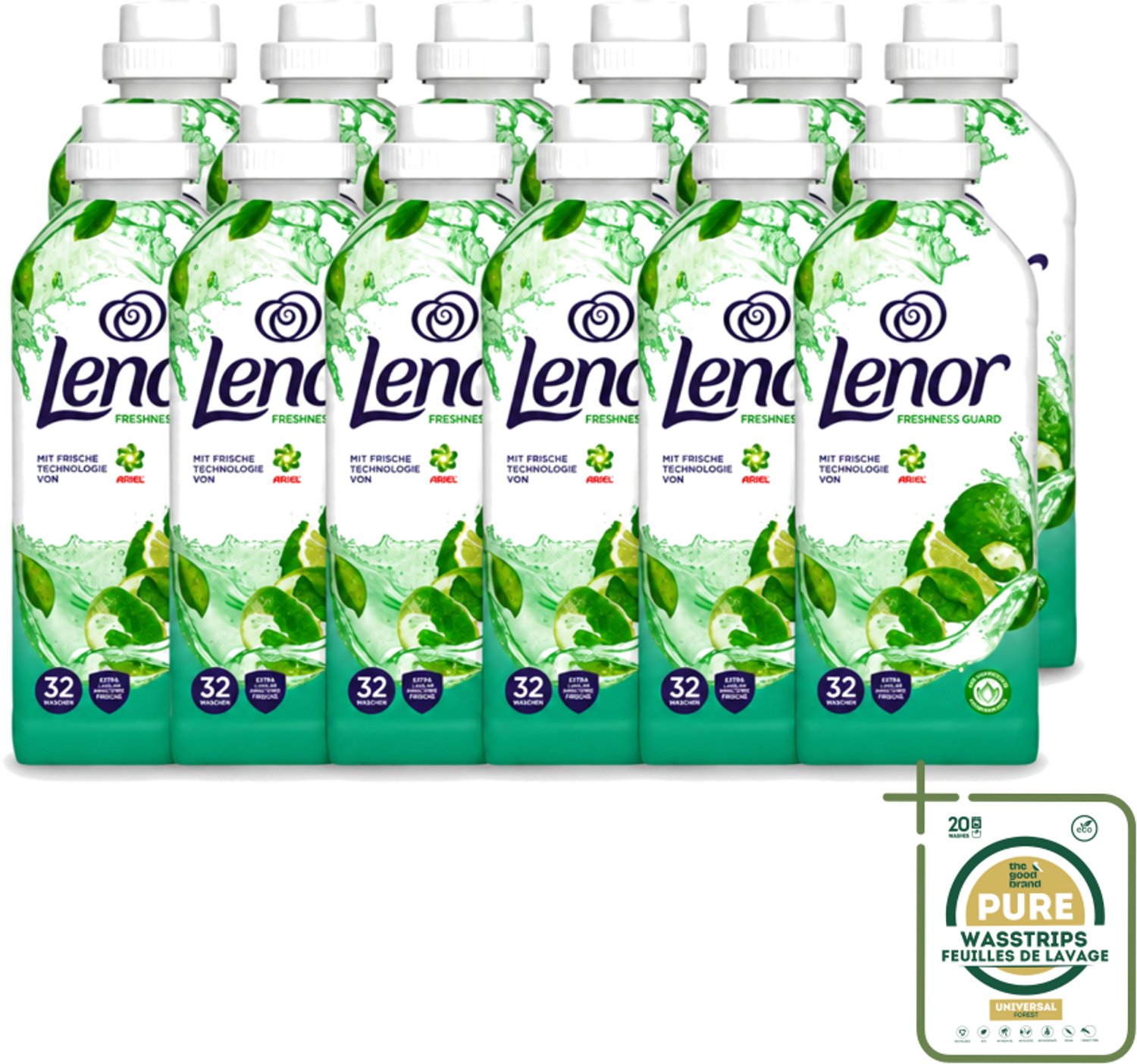 12 x Lenor – Wasverzachter – Freshness Guard – 32 Wasbeurten – 800 ml - Wasstrips - Wasverzachter - Frisheid - Geur - Geurprofiel - Geurtjes