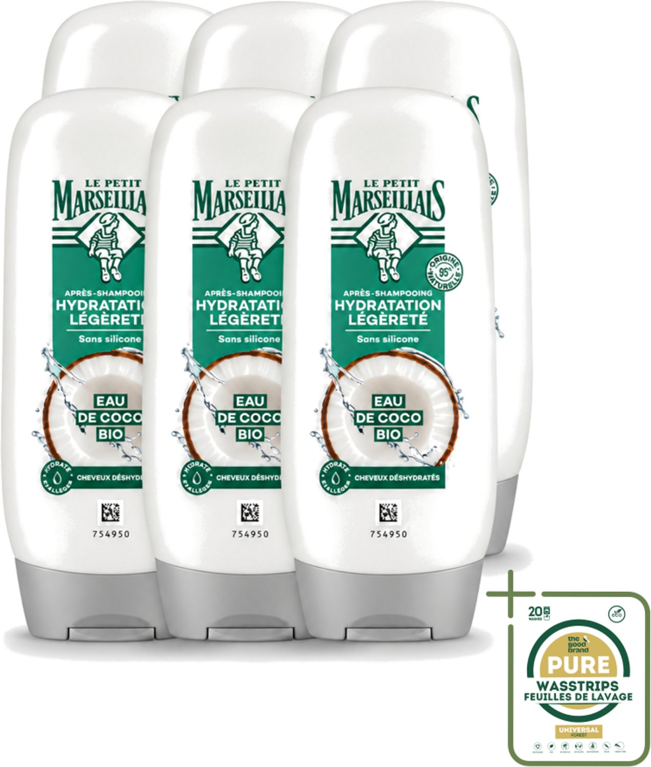 6 x Le Petit Marseillais – Conditioner – Eau de Coco Bio – 250 ml - Wasstrips - Conditioner Kokoswater - Hydraatatie Haar - Verzorging Haar - Kokosgeur - Natuurlijke Verzorging