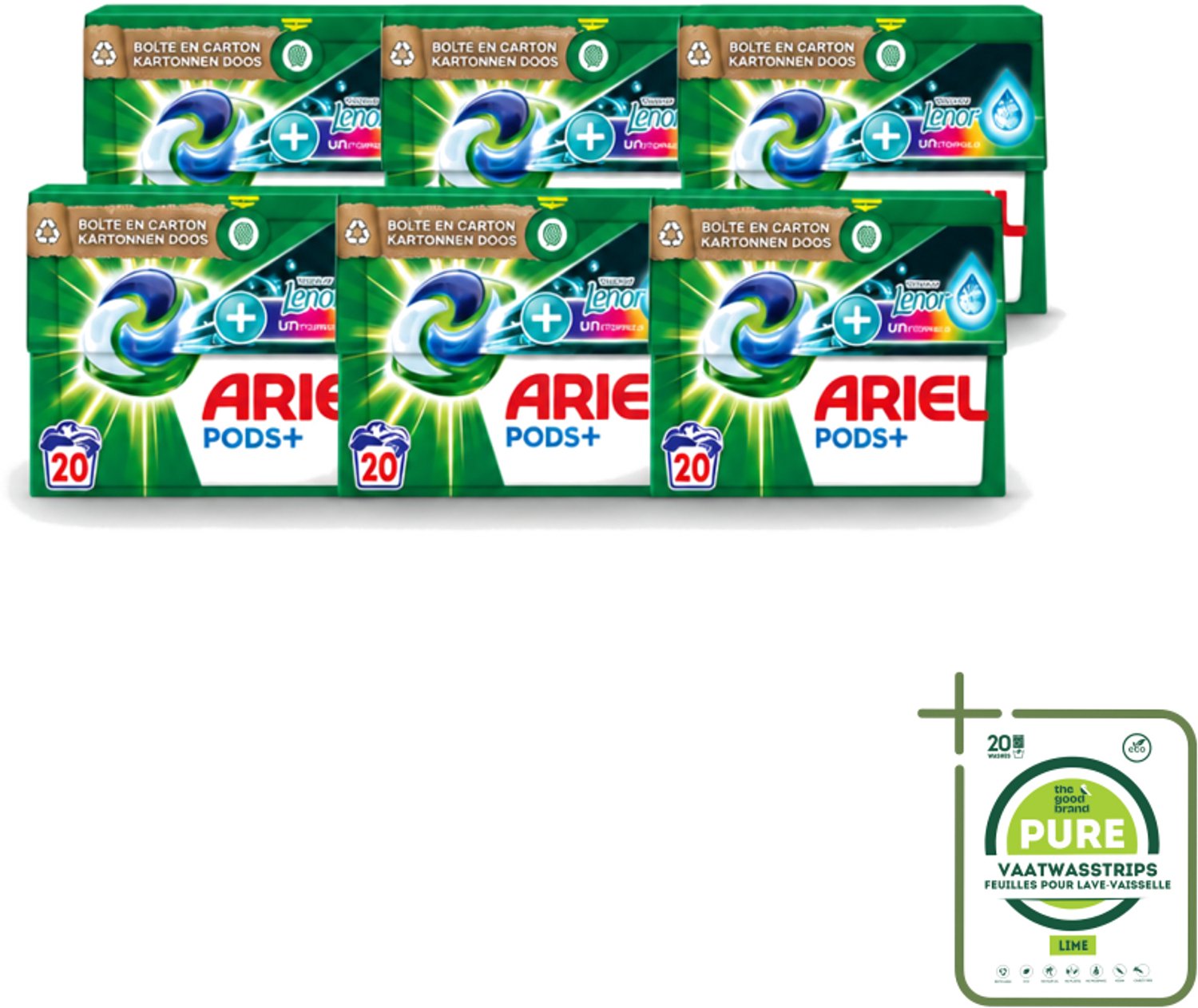 6 x Ariel Original - Touch of Lenor Unstoppables - Wasmiddelcapsules - Pods+ - Gekleurde Was - 20 Wasbeurten - Grootverpakking - Vaatwasstrips - Wasmiddel Capsules - Gekleurde Was - Frisse Geur - Koud Water Was - Vlekverwijdering