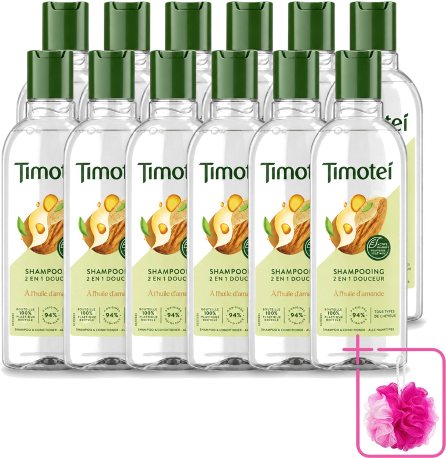 12 x Timotei - Shampoo - Amandelolie - 2in1 - Alle haartypes - 300ml - Bulkverpakking - 2in1 shampoo en conditioner - Douchemop - Amandelolie shampoo