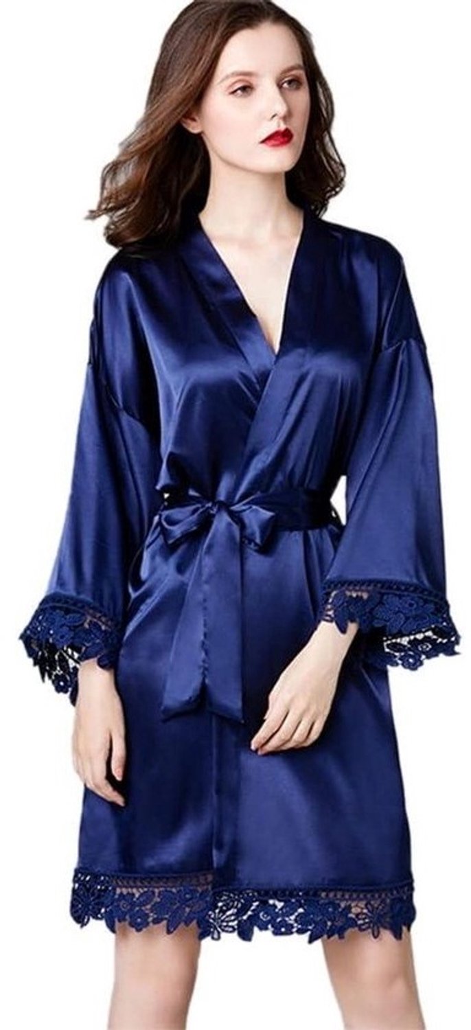 Dames Badjas - Nachtjapon Kimono - Ontspannen Thuis - Zachte IJszijde Stof - Één Maat - Marineblauw