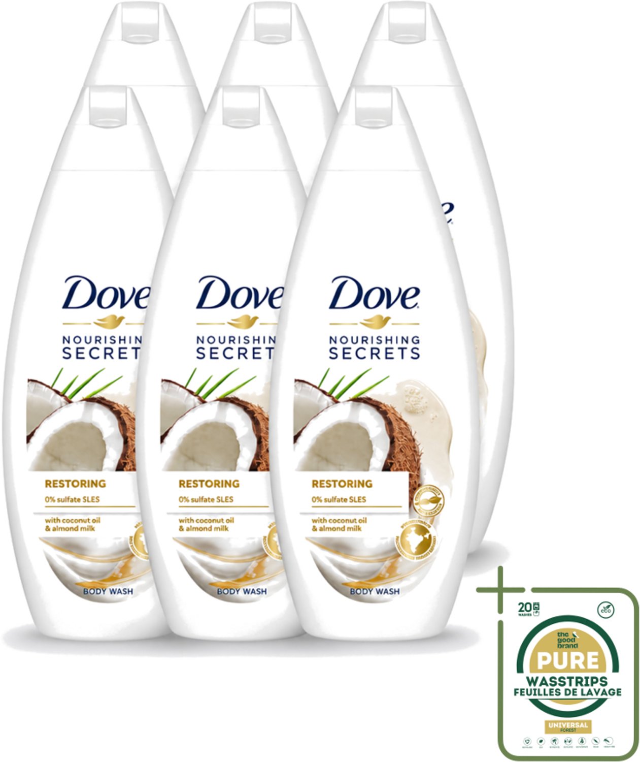 6 x Dove Nourishing Secrets - Douchegel - Kokosolie & Amandel melk - Sulfaatvrij - 250 ml - Wasstrips - Douchegel - Kokosolie - Amandelmelk - Natuurlijke Verzorging - Sulfaatvrije Douchegel