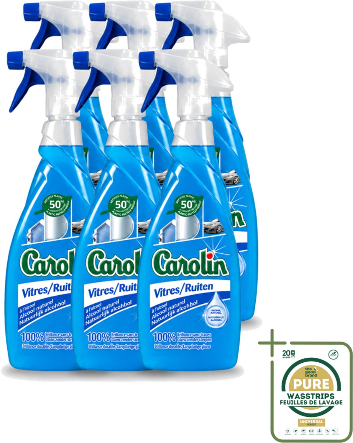 6 x Carolin - Glas- en Ruitenreiniger - Met Natuurlijke Alcohol - 650 ml - Wasstrips - Glas Reiniger - Ruiten Reiniger - Natuurlijke Alcohol - Schone Ramen - Streeploze Glans