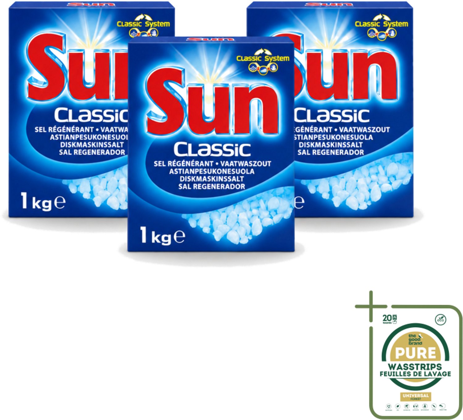 3 x Sun Classic - Vaatwaszout - Klassiek Systeem - 1 kg - Wasstrips - Vaatwaszout - Kalkaanslag Voorkomen - Vaatwasser Onderhoud - Waterhardheid - Klassiek Systeem