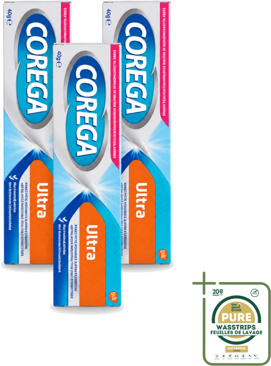 3 x Corega Ultra Kleefcrème - Krachtig Houvast & Bescherming - Met Verfrissende Mintsmaak - 40g - Wasstrips - Gebitprothese Kleefcrème - Houvast Gebitsprothese - Prothese Fixatie - Prothese Crème - Mintsmaak Prothese