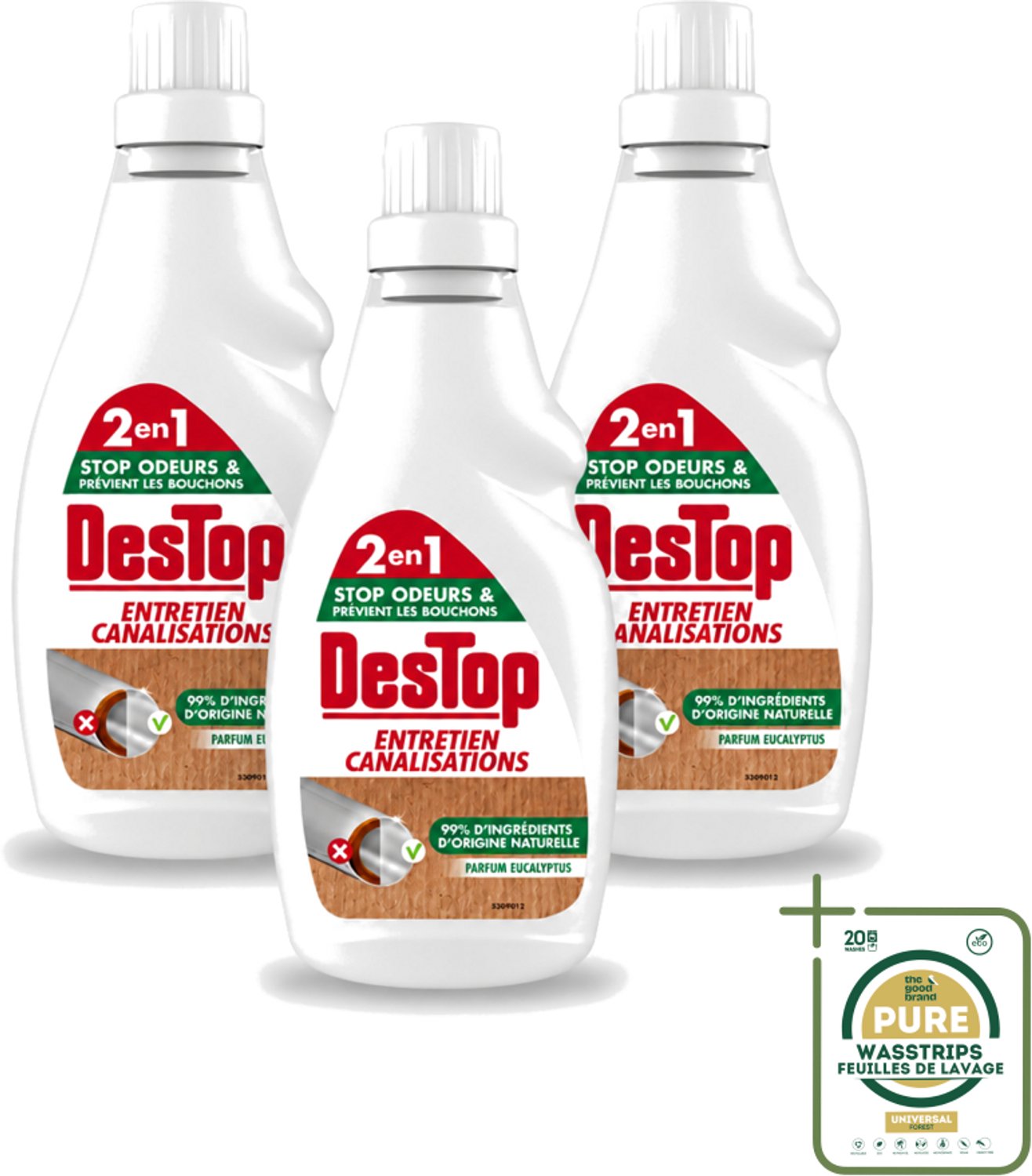 3 x DesTop - Onderhoud Leidingen - Ecologisch met Witte Azijn - Natuurlijke Ingrediënten - Eucalyptusgeur - 750 ml - Wasstrips - Leidingen Onderhouden - Ecologisch Onderhoud - Witte Azijn - Natuurlijke Reiniging - Eucalyptusgeur