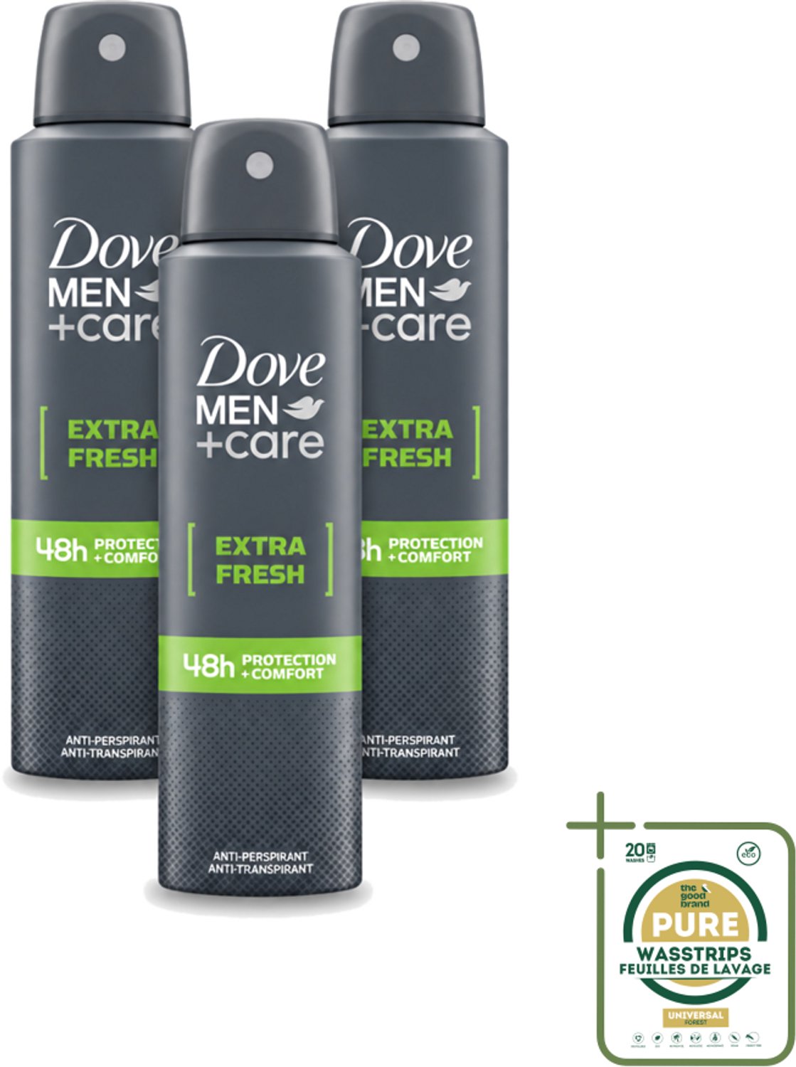 3 x Dove Men+Care - Extra Fresh - Deospray - Anti-Transpirant - 150 ml - Wasstrips - Dove Men+Care Extra Fresh Deospray - Deospray Voor Mannen - Alcoholvrije Deospray - Okselbescherming - Transpiratiebescherming