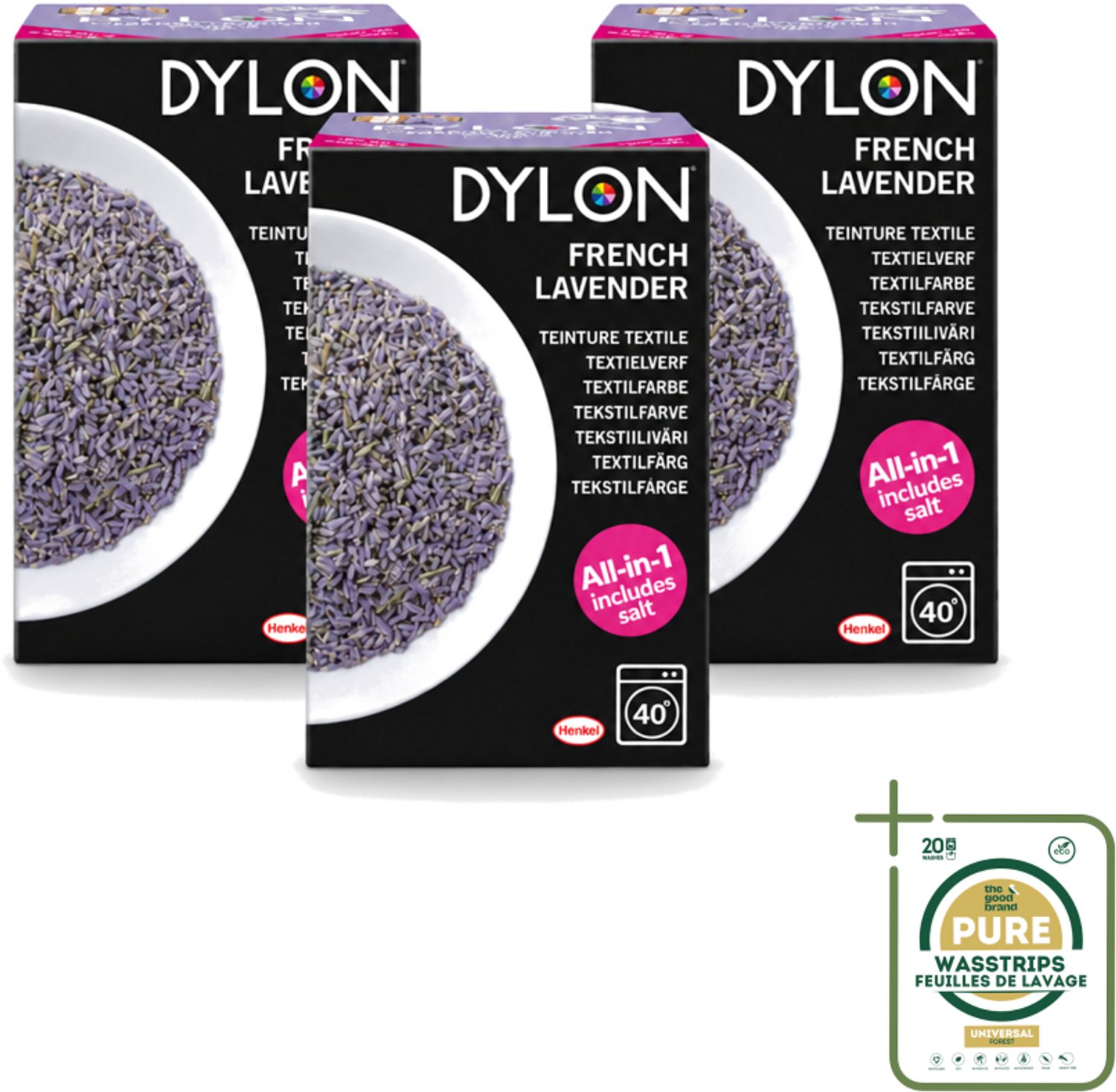 3 x Dylon - Textielverf - French Lavender - All-in-One - Inclusief Zout - 350g - Wasstrips - Textielverf - Lavendelkleur - French Lavender - Zout - Stofverf